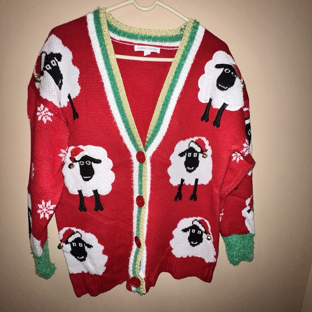 Sheep Ugly Christmas Sweater Red Cardigan Jingle Bells Embellished Festive Xmas